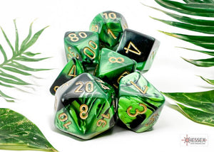 Polyhedral 7 - Die Set Gemini - Black - Green/Gold - Super Retro