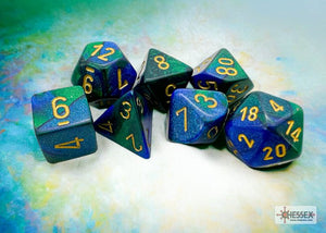 Polyhedral 7 - Die Set Gemini - Blue - Green/Gold - Super Retro