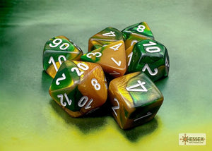 Polyhedral 7 - Die Set Gemini - Gold - Green/White - Super Retro