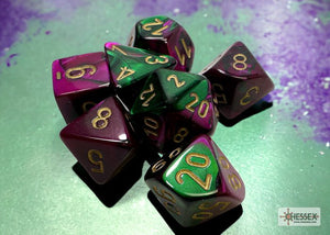 Polyhedral 7 - Die Set Gemini - Green - Purple/Gold - Super Retro