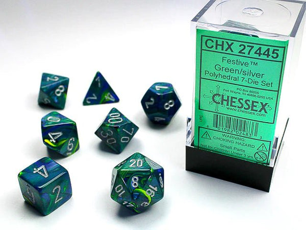 Polyhedral 7-Die Set Festive - Green/Silver - Super Retro