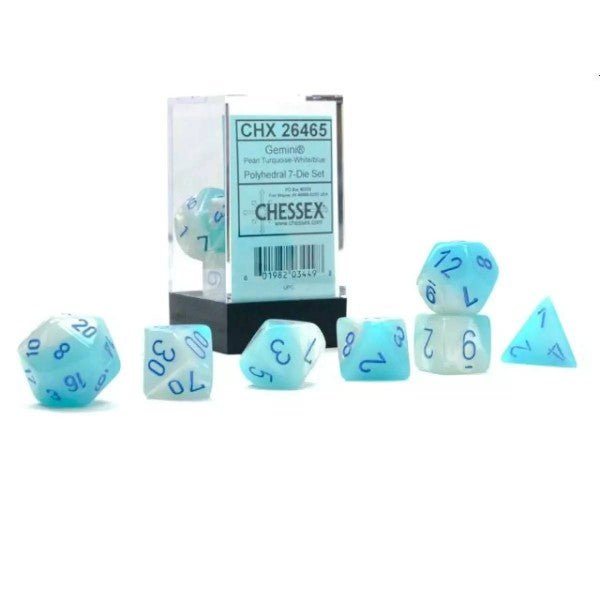 Polyhedral 7-Die Set Gemini - Pearl Turquoise-White/Blue - Super Retro