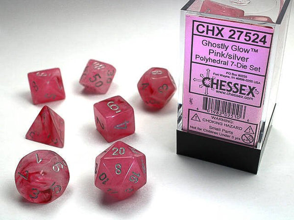 Polyhedral 7-Die Set Ghostly Glow - Pink/Silver - Super Retro