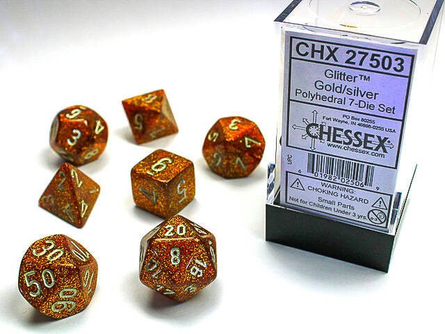 Polyhedral 7-Die Set Glitter - Gold/Silver - Super Retro